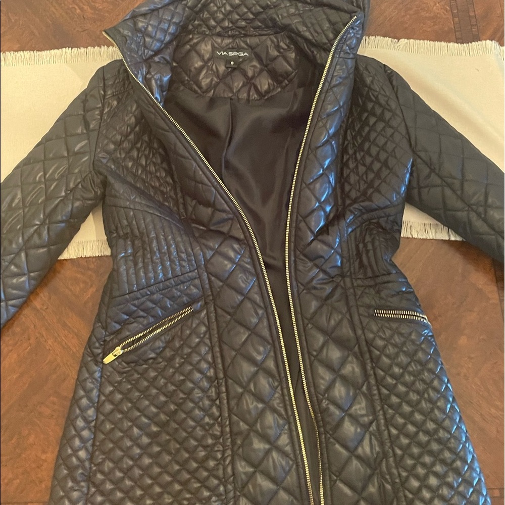 Via Spiga Long hooded quilted jacket gold zippers size S